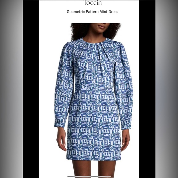 Toccin Ny Geometric Pattern Lantern Slv Shift Mini-Dress Sz 2 Inkgeo NWT. - Picture 3 of 11